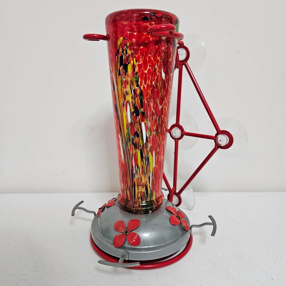Jola's House Hand Blown Glass Art Hummingbird Feeder Red Window Mount 16 oz‎